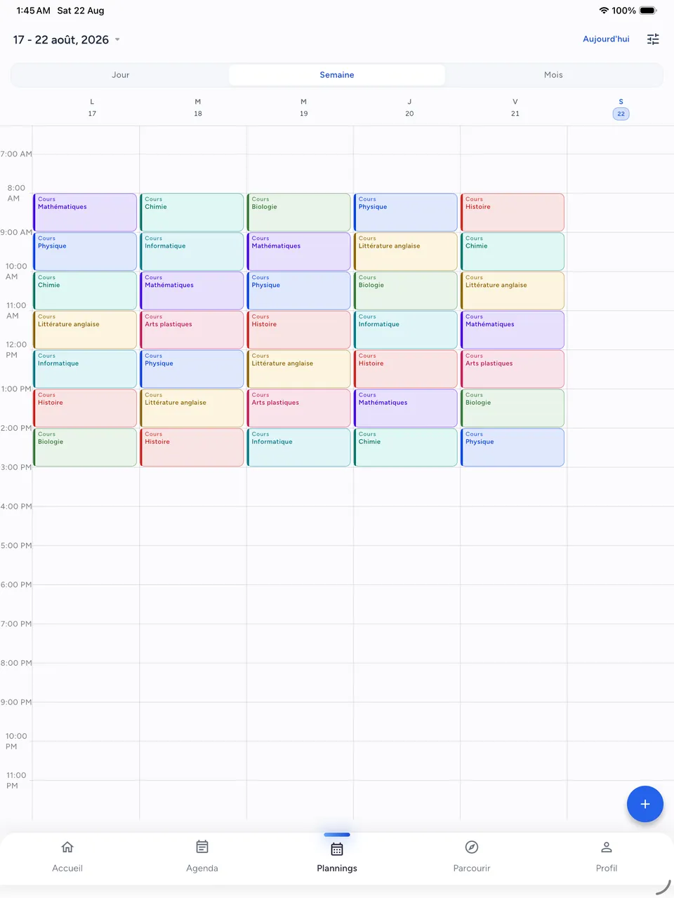 Emploi du temps hebdomadaire sur iPad